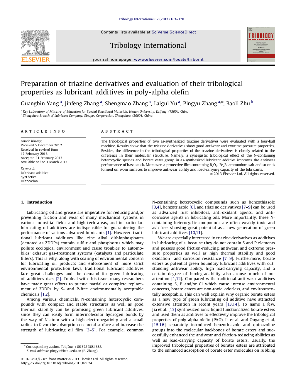 Preparation of triazine derivatives and evaluation of their tribological properties as lubricant additives in poly-alpha olefin