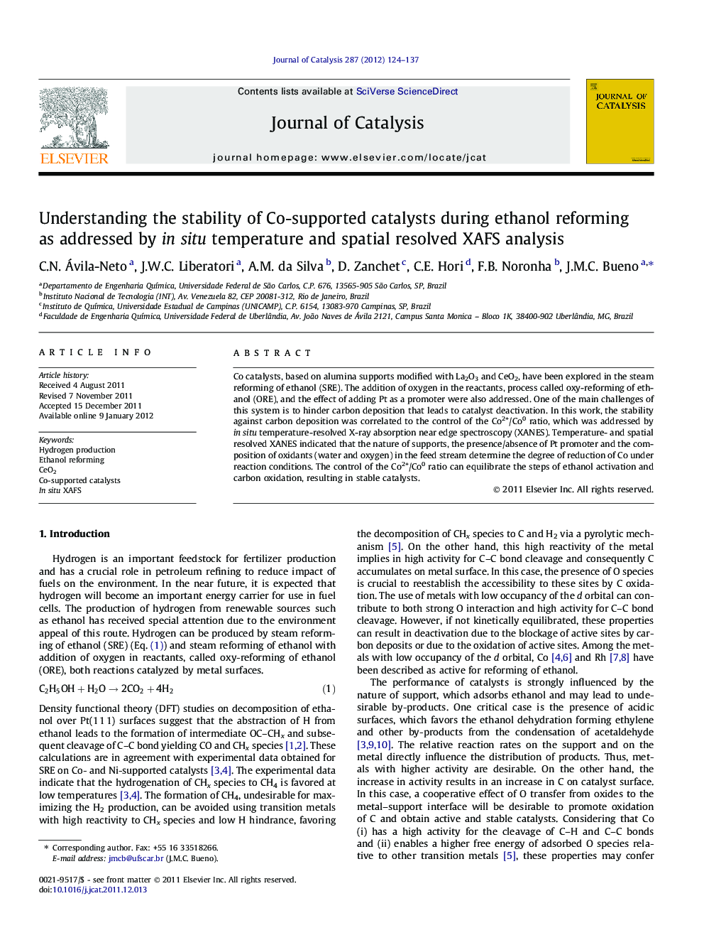 Understanding the stability of Co-supported catalysts during ethanol reforming as addressed by in situ temperature and spatial resolved XAFS analysis