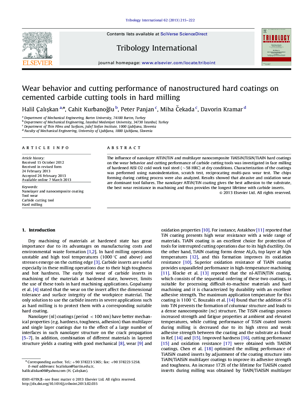 Wear behavior and cutting performance of nanostructured hard coatings on cemented carbide cutting tools in hard milling