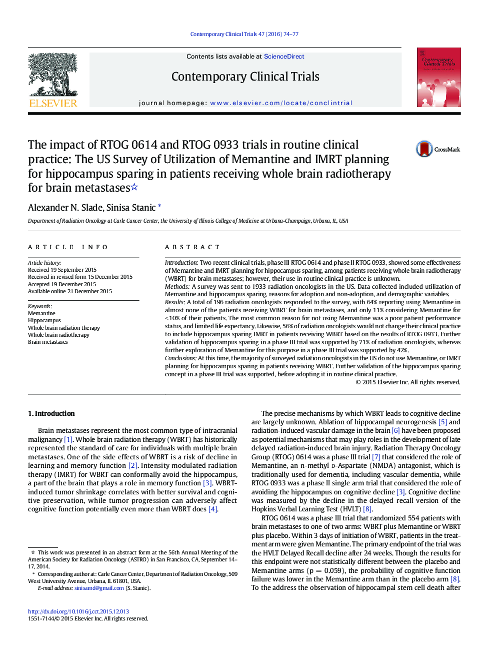 The impact of RTOG 0614 and RTOG 0933 trials in routine clinical practice: The US Survey of Utilization of Memantine and IMRT planning for hippocampus sparing in patients receiving whole brain radiotherapy for brain metastases