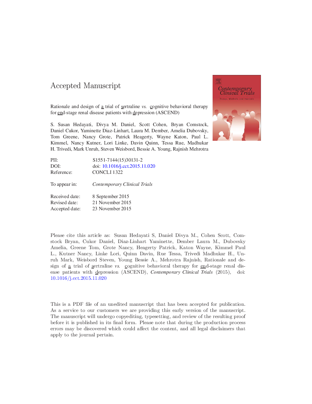 Rationale and design of A Trial of Sertraline vs. Cognitive Behavioral Therapy for End-stage Renal Disease Patients with Depression (ASCEND)