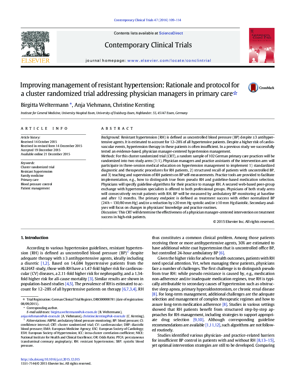 Improving management of resistant hypertension: Rationale and protocol for a cluster randomized trial addressing physician managers in primary care