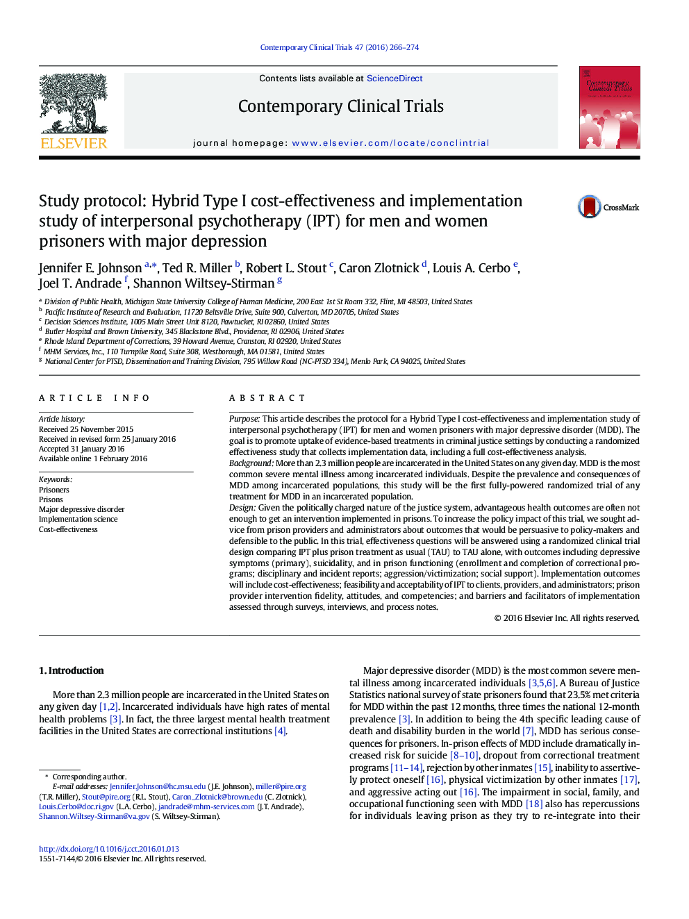 Study protocol: Hybrid Type I cost-effectiveness and implementation study of interpersonal psychotherapy (IPT) for men and women prisoners with major depression