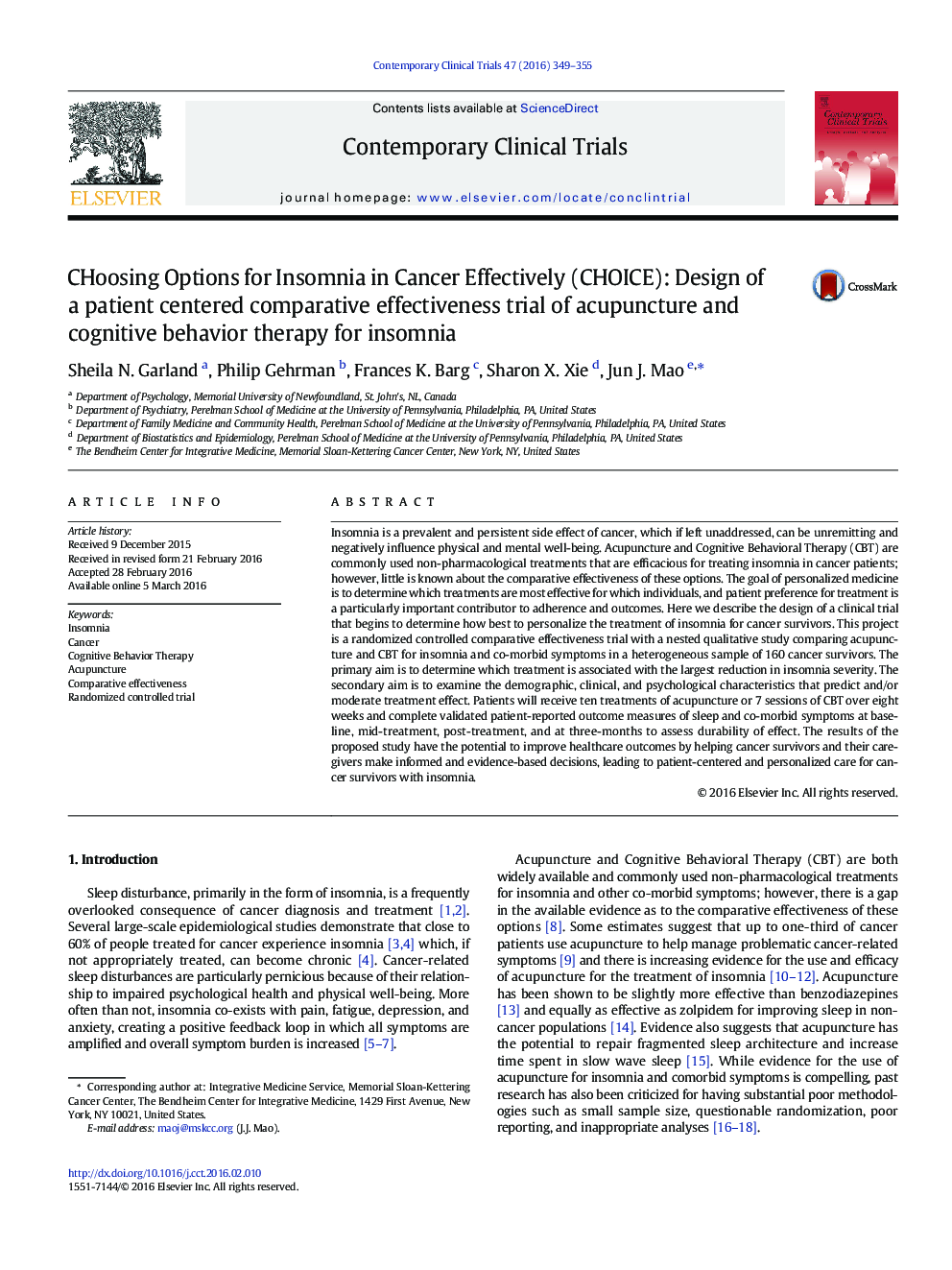 CHoosing Options for Insomnia in Cancer Effectively (CHOICE): Design of a patient centered comparative effectiveness trial of acupuncture and cognitive behavior therapy for insomnia