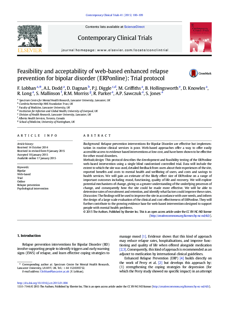 Feasibility and acceptability of web-based enhanced relapse prevention for bipolar disorder (ERPonline): Trial protocol