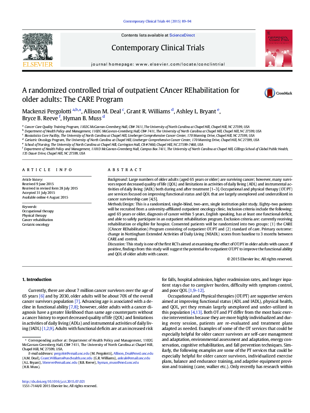 A randomized controlled trial of outpatient CAncer REhabilitation for older adults: The CARE Program