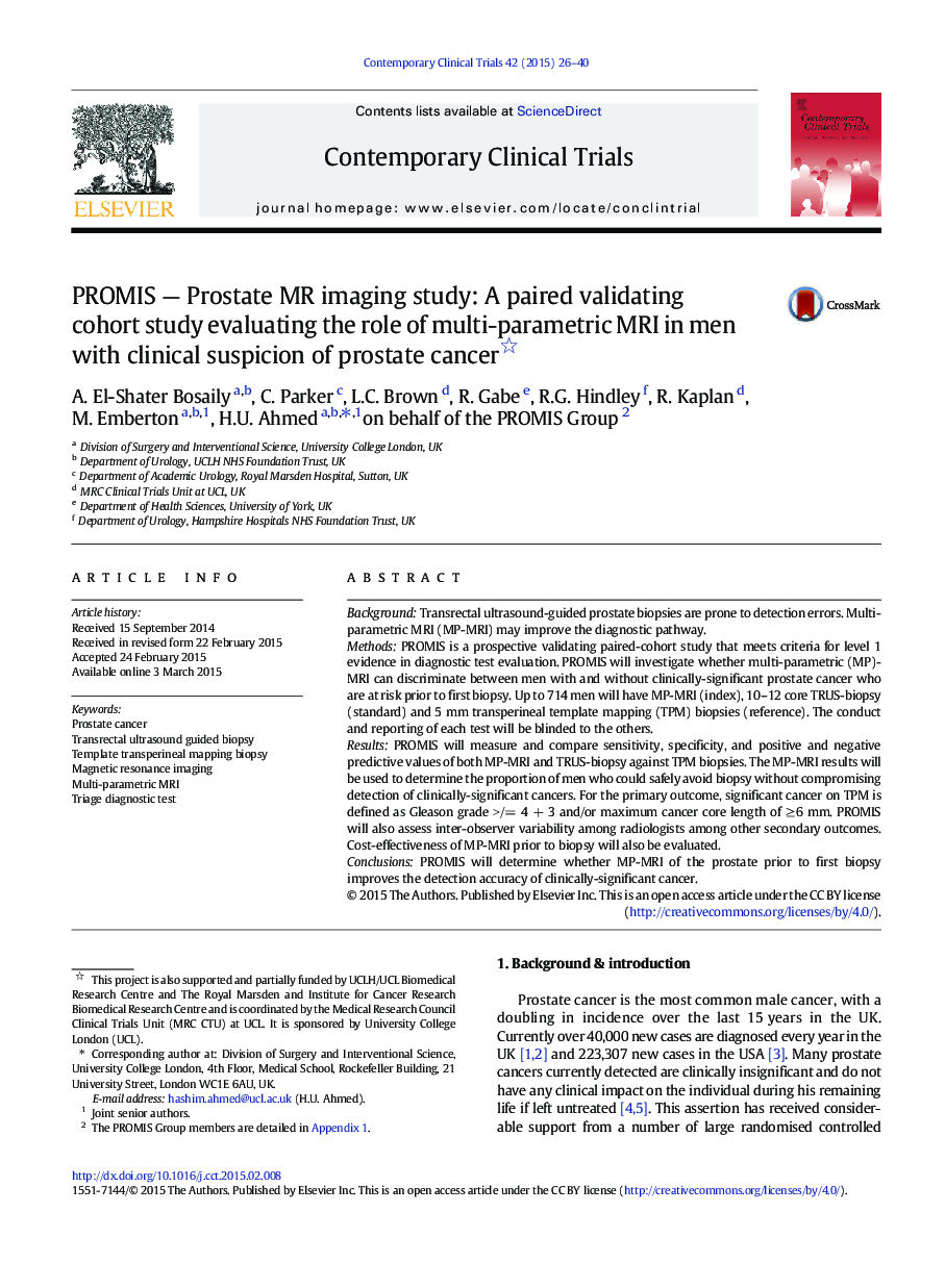 PROMIS - Prostate MR imaging study: A paired validating cohort study evaluating the role of multi-parametric MRI in men with clinical suspicion of prostate cancer