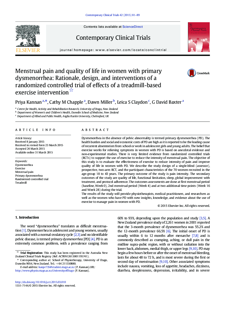 Menstrual pain and quality of life in women with primary dysmenorrhea: Rationale, design, and interventions of a randomized controlled trial of effects of a treadmill-based exercise intervention