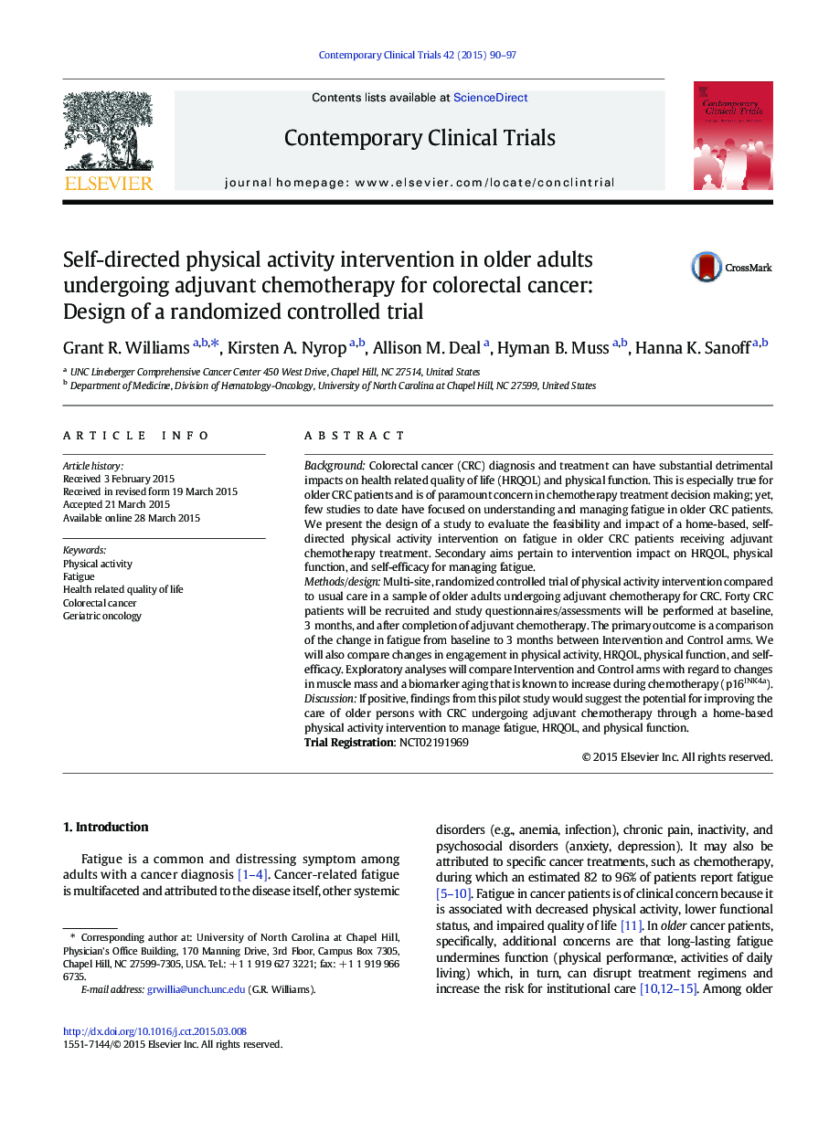 Self-directed physical activity intervention in older adults undergoing adjuvant chemotherapy for colorectal cancer: Design of a randomized controlled trial