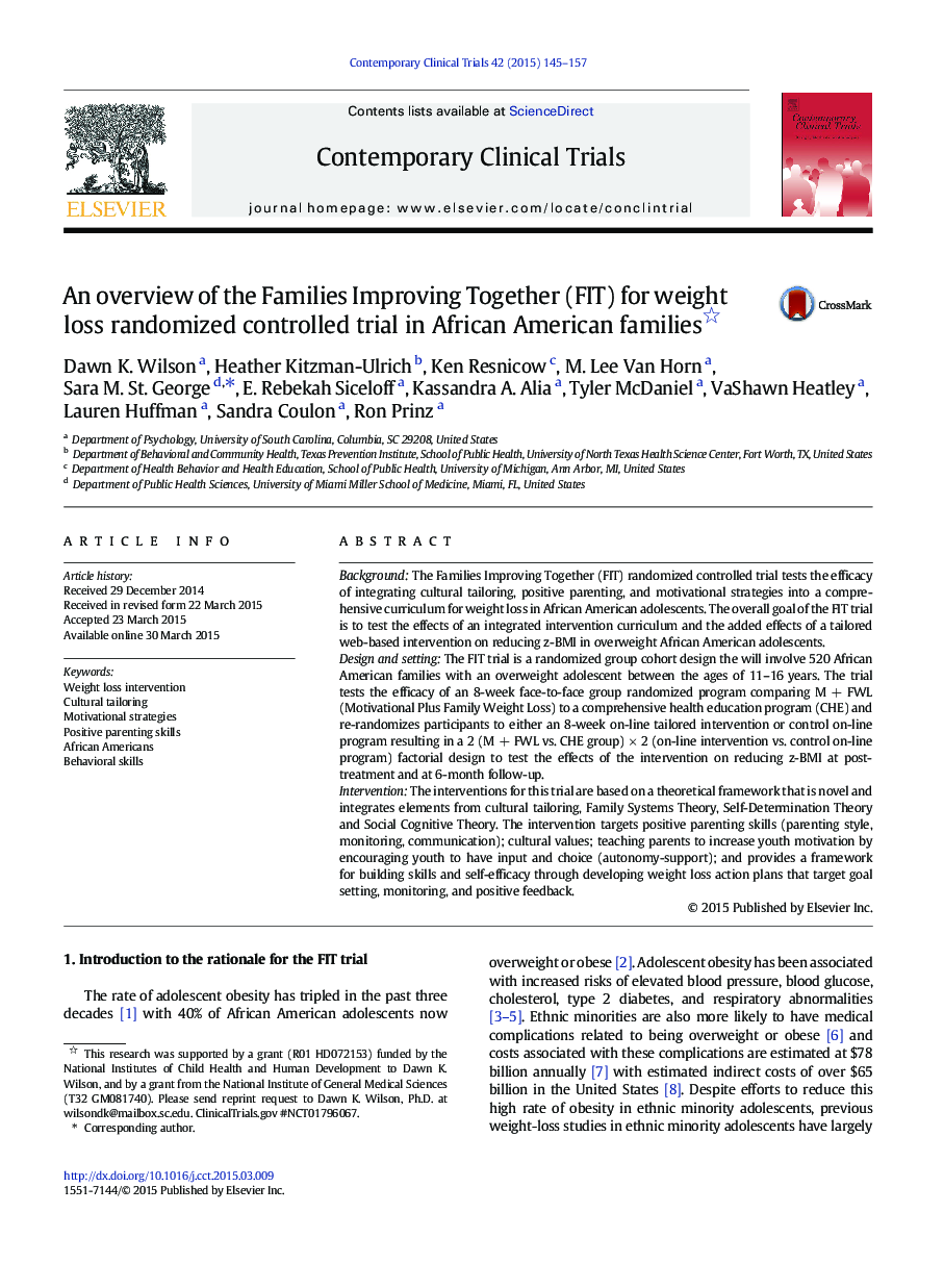 An overview of the Families Improving Together (FIT) for weight loss randomized controlled trial in African American families