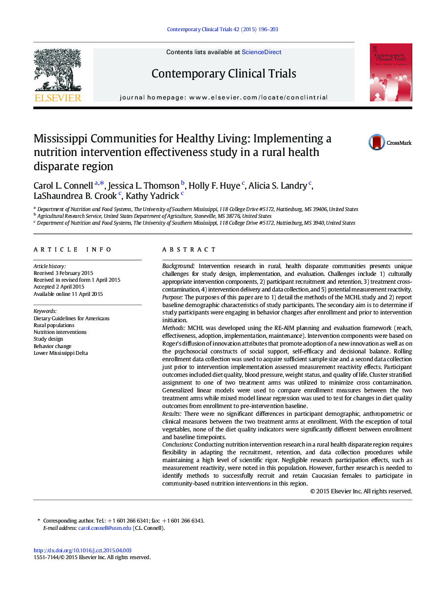 Mississippi Communities for Healthy Living: Implementing a nutrition intervention effectiveness study in a rural health disparate region