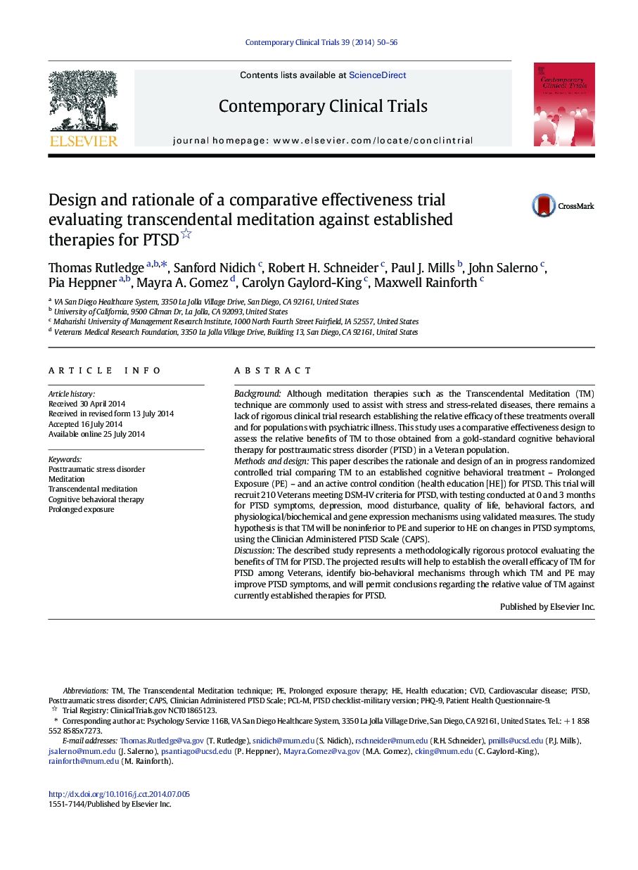 عکس صفحه اول مقاله: Design and rationale of a comparative effectiveness trial evaluating transcendental meditation against established therapies for PTSD Design and rationale of a comparative effectiveness trial evaluating transcendental meditation against established therapies for PTSD