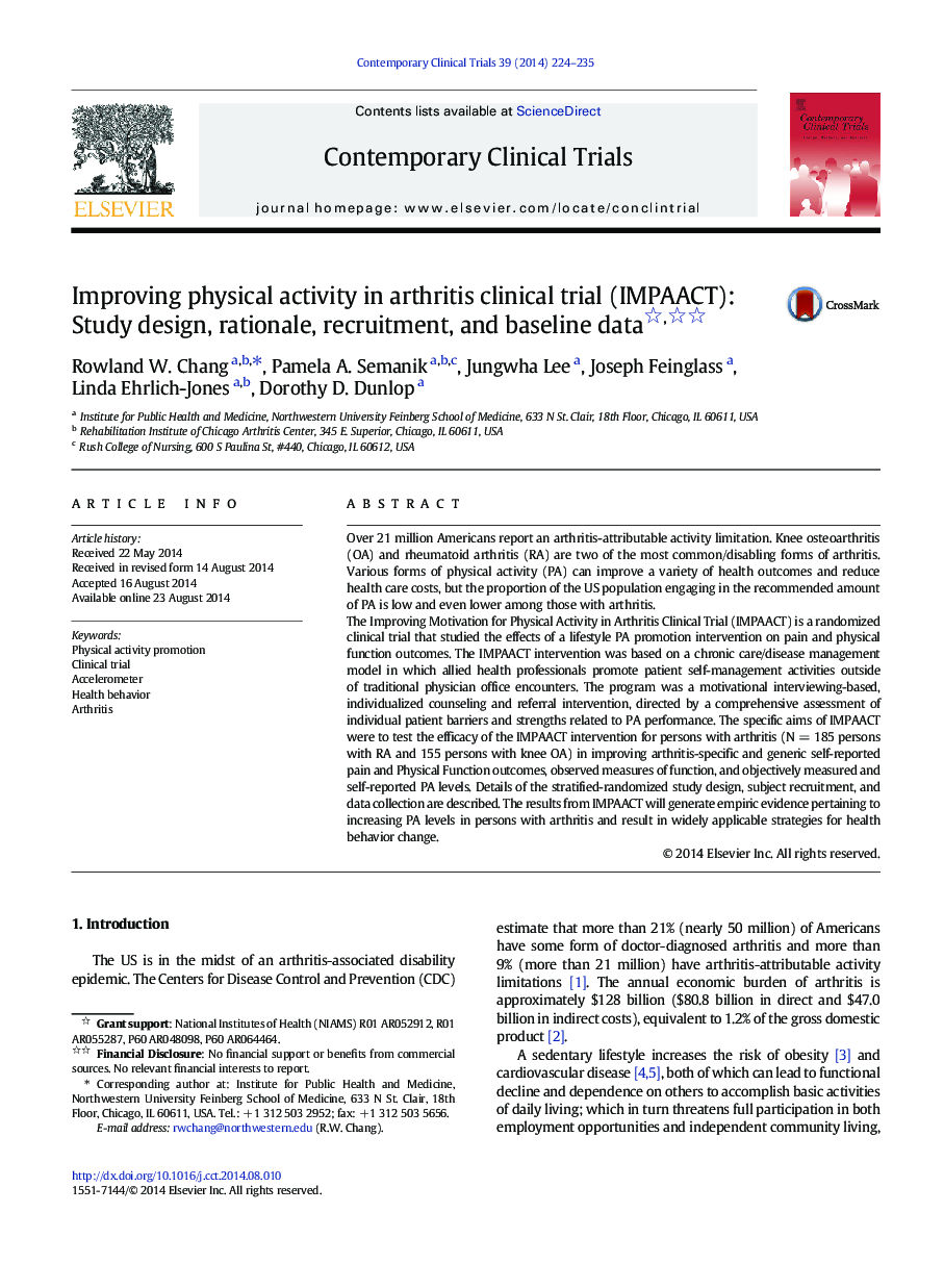 Improving physical activity in arthritis clinical trial (IMPAACT): Study design, rationale, recruitment, and baseline data