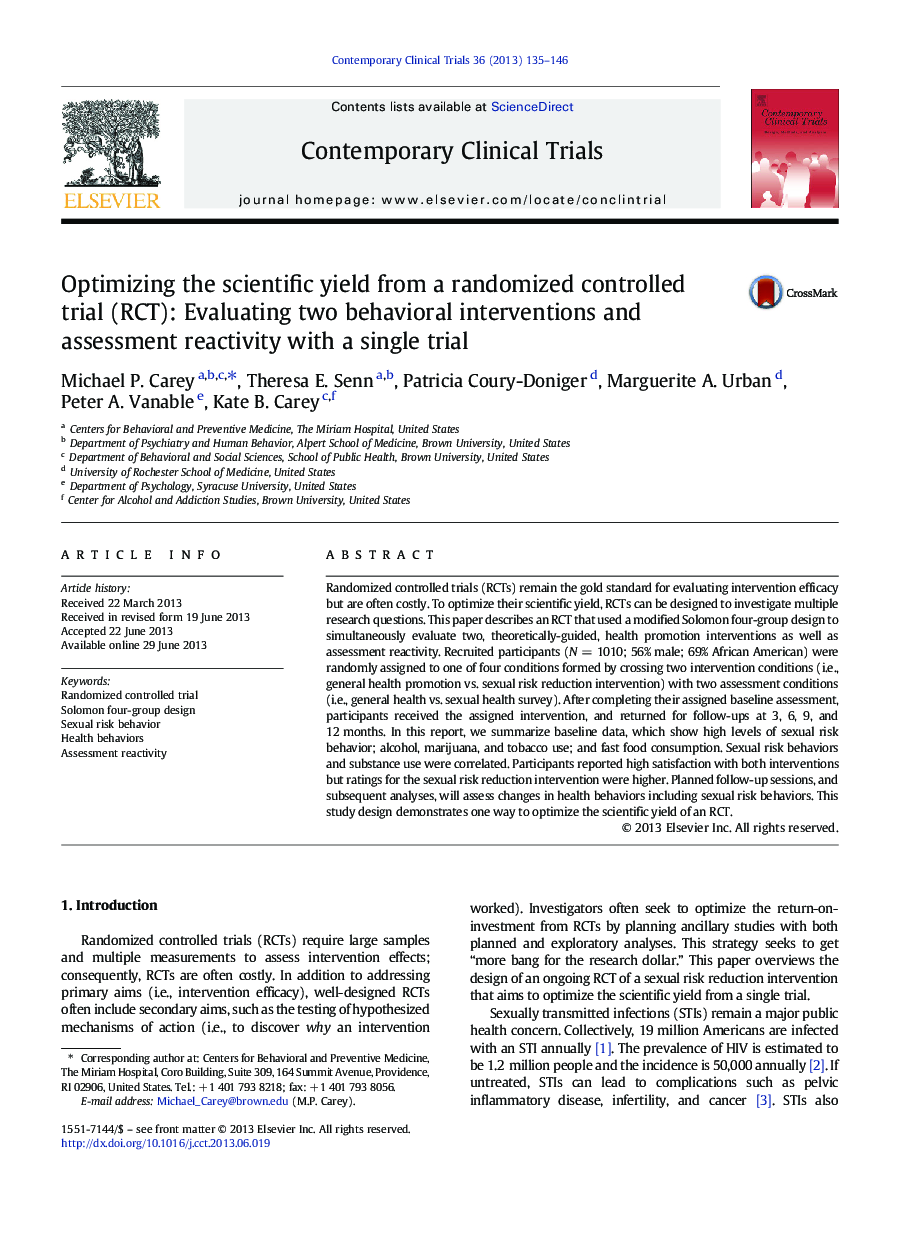 Optimizing the scientific yield from a randomized controlled trial (RCT): Evaluating two behavioral interventions and assessment reactivity with a single trial