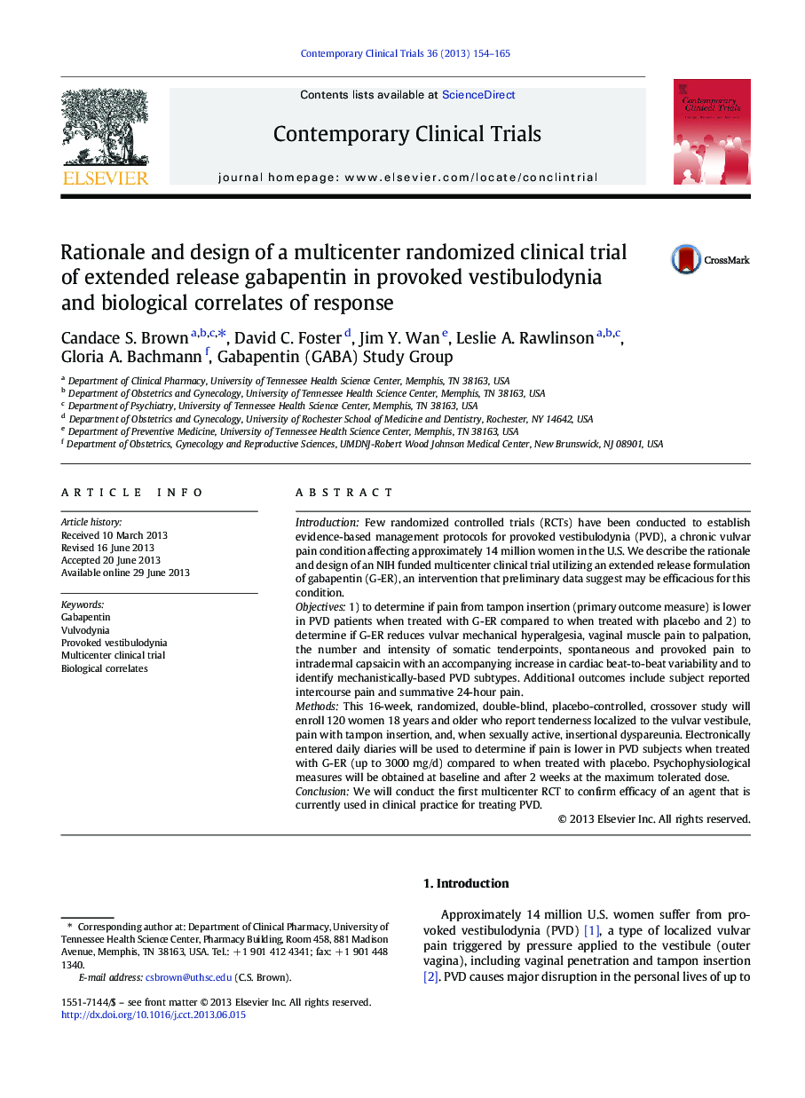 Rationale and design of a multicenter randomized clinical trial of extended release gabapentin in provoked vestibulodynia and biological correlates of response