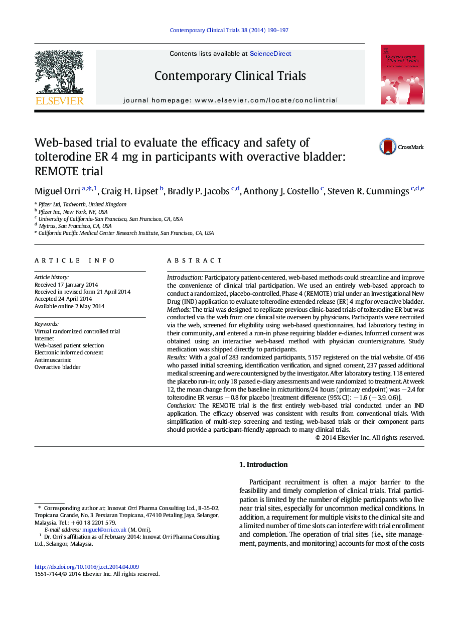 Web-based trial to evaluate the efficacy and safety of tolterodine ER 4Â mg in participants with overactive bladder: REMOTE trial