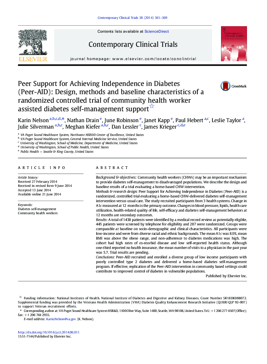 Peer Support for Achieving Independence in Diabetes (Peer-AID): Design, methods and baseline characteristics of a randomized controlled trial of community health worker assisted diabetes self-management support