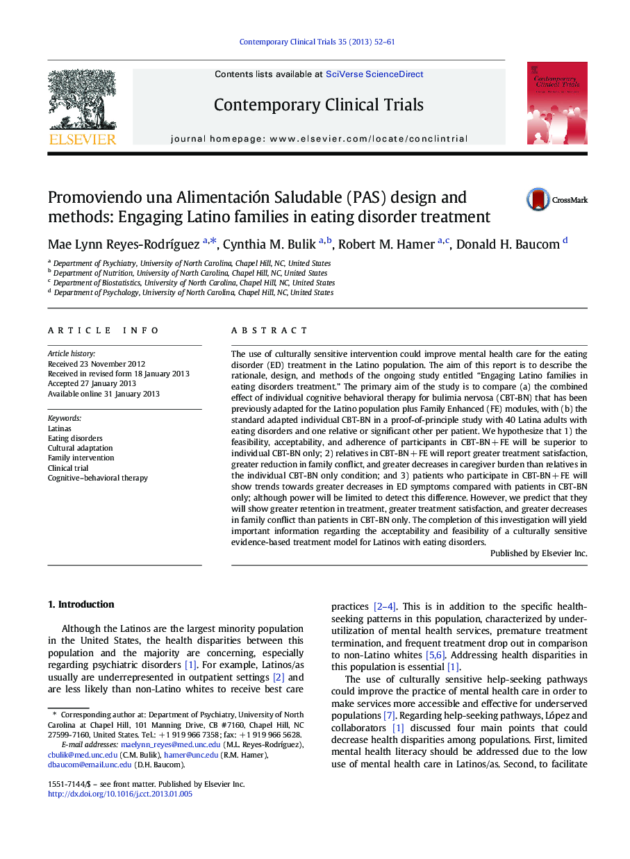 Promoviendo una Alimentación Saludable (PAS) design and methods: Engaging Latino families in eating disorder treatment