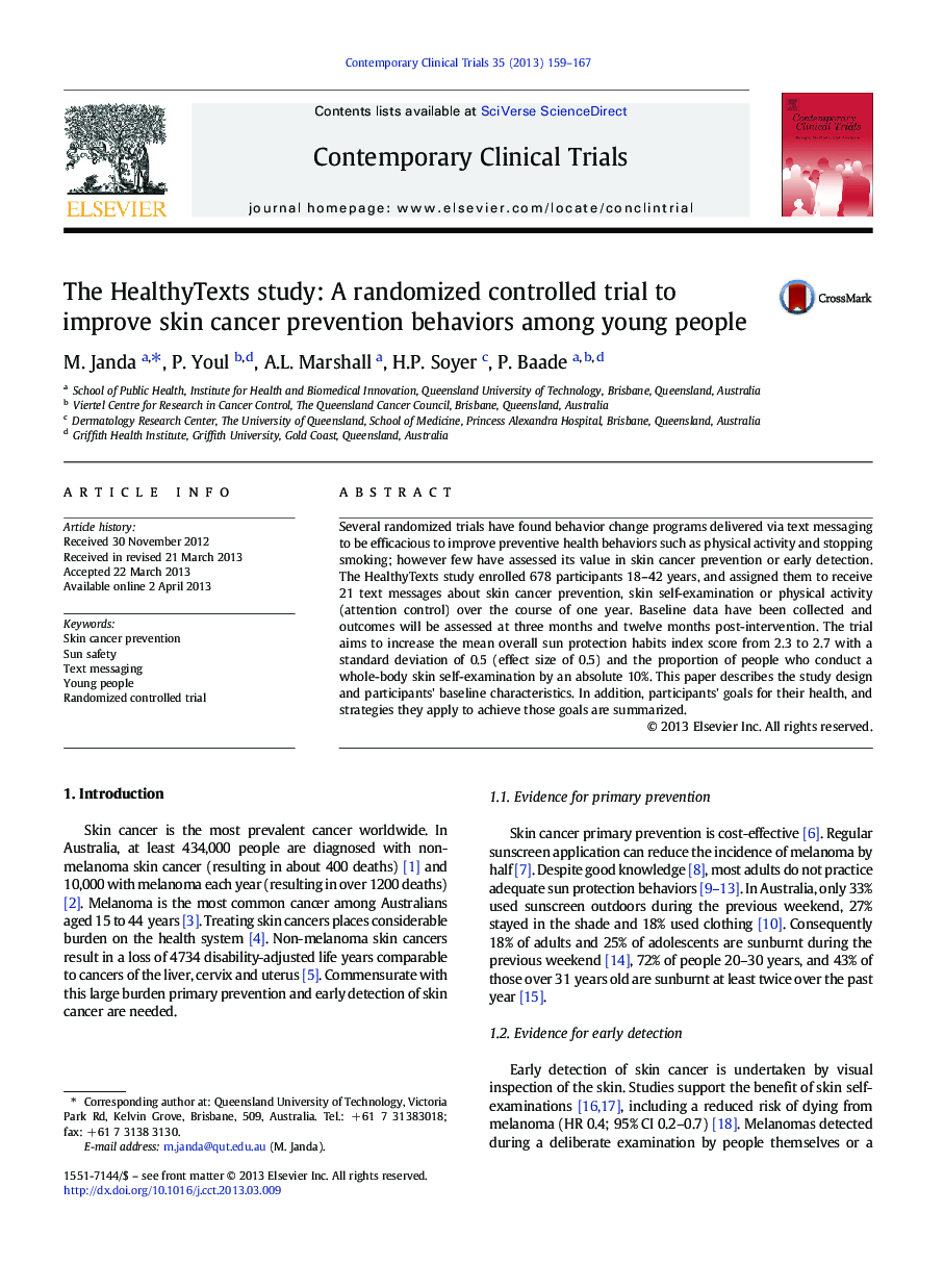 The HealthyTexts study: A randomized controlled trial to improve skin cancer prevention behaviors among young people