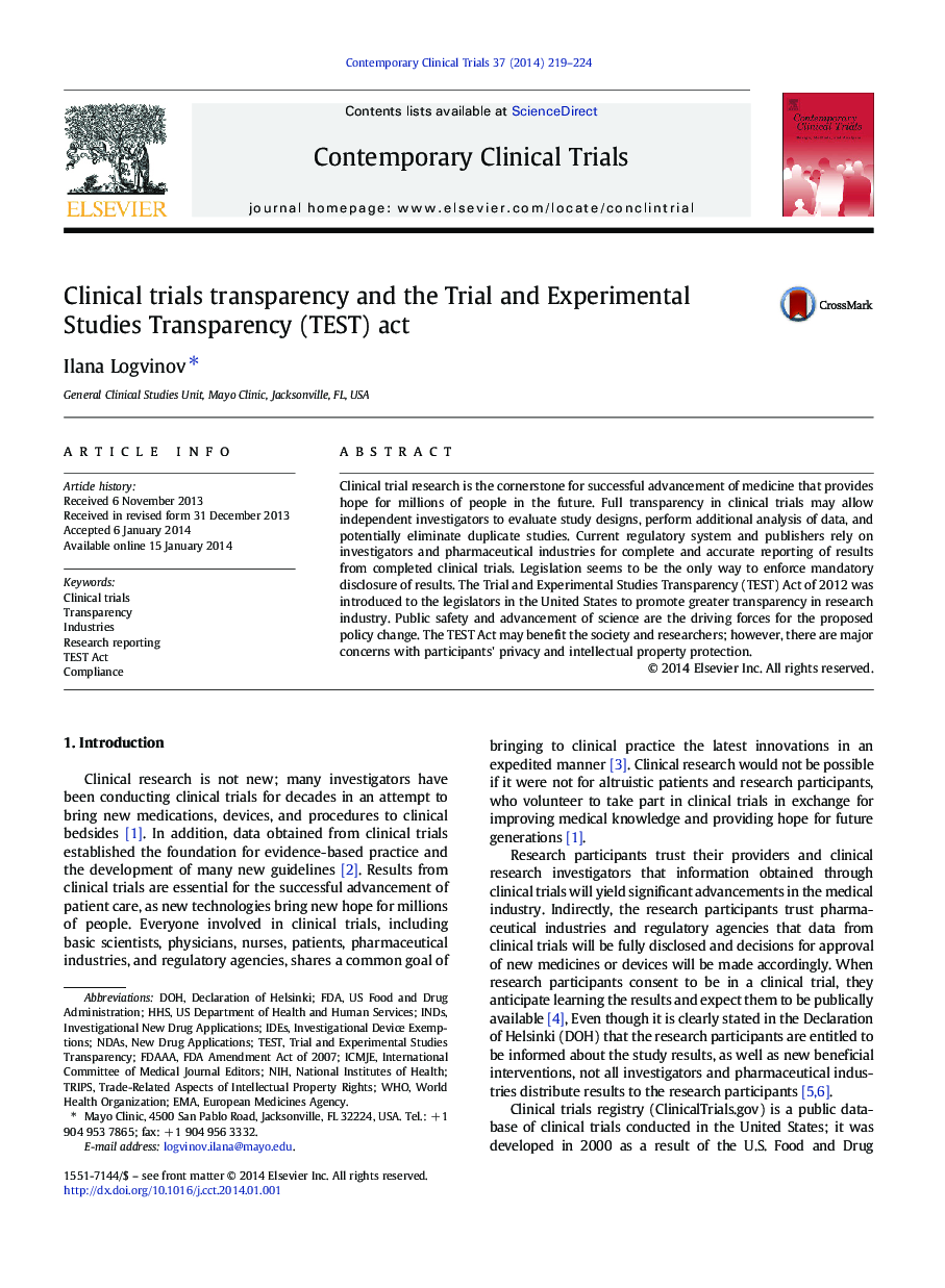 Clinical trials transparency and the Trial and Experimental Studies Transparency (TEST) act