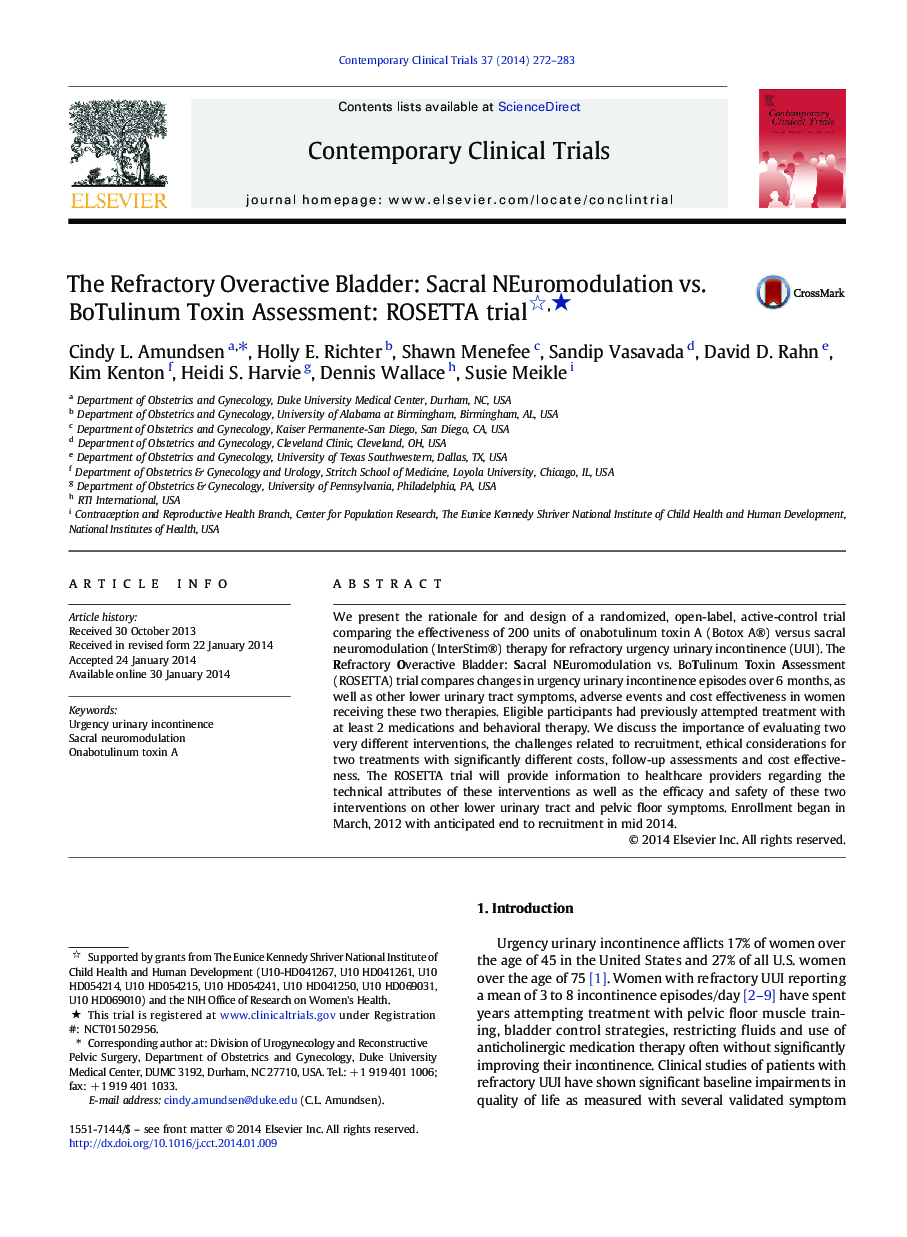 The Refractory Overactive Bladder: Sacral NEuromodulation vs. BoTulinum Toxin Assessment: ROSETTA trialâ