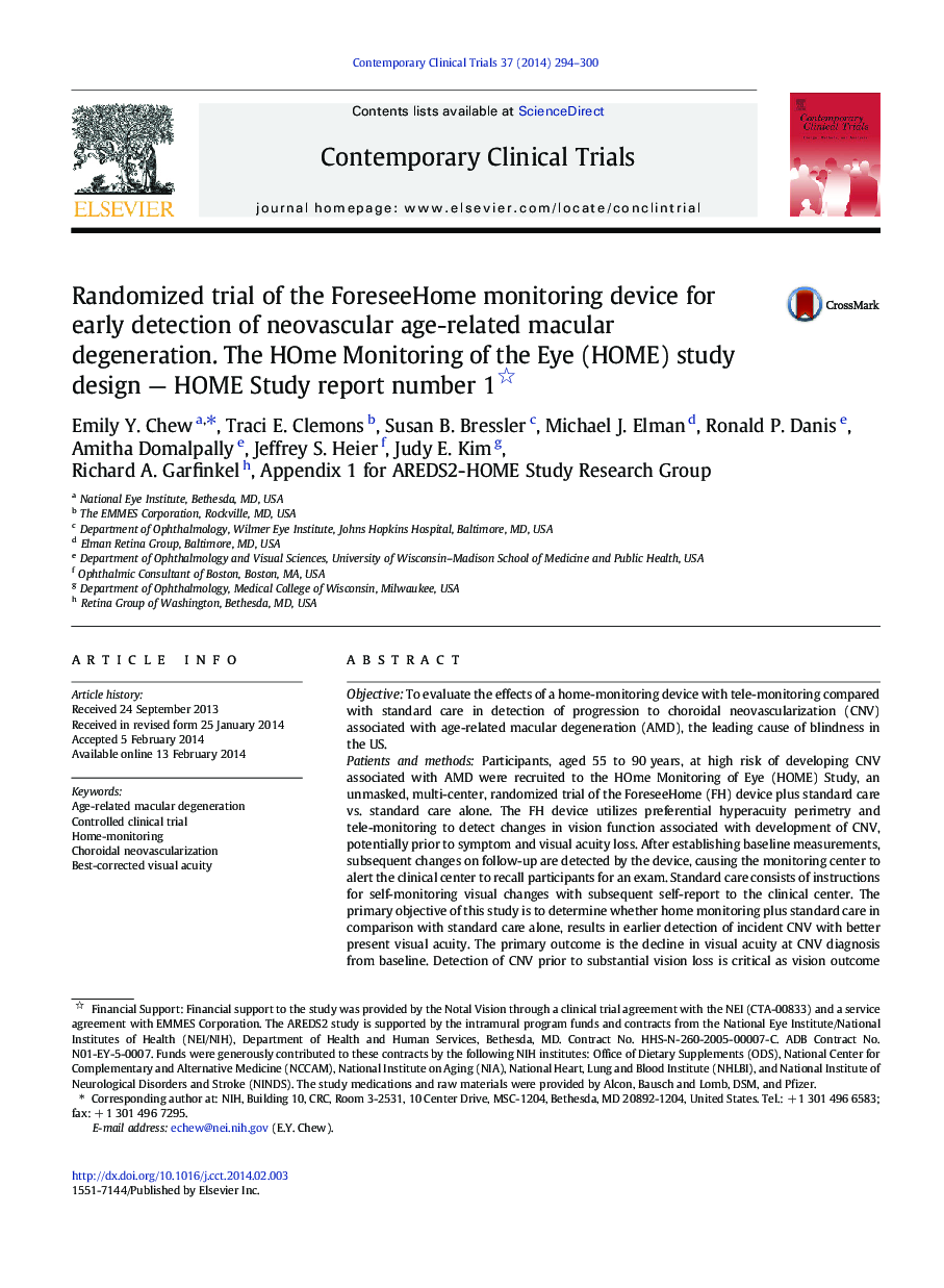 Randomized trial of the ForeseeHome monitoring device for early detection of neovascular age-related macular degeneration. The HOme Monitoring of the Eye (HOME) study design - HOME Study report number 1