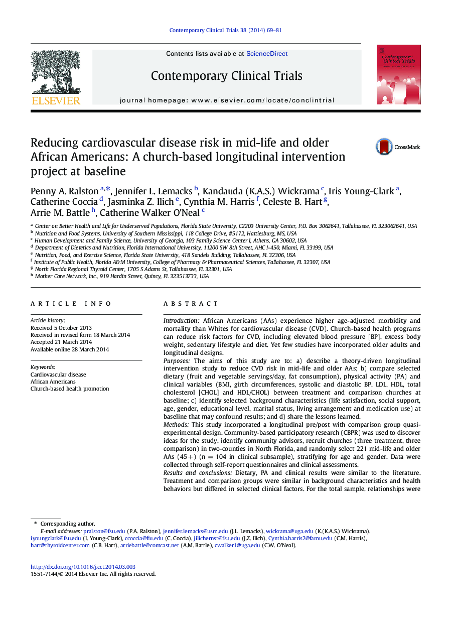 Reducing cardiovascular disease risk in mid-life and older African Americans: A church-based longitudinal intervention project at baseline