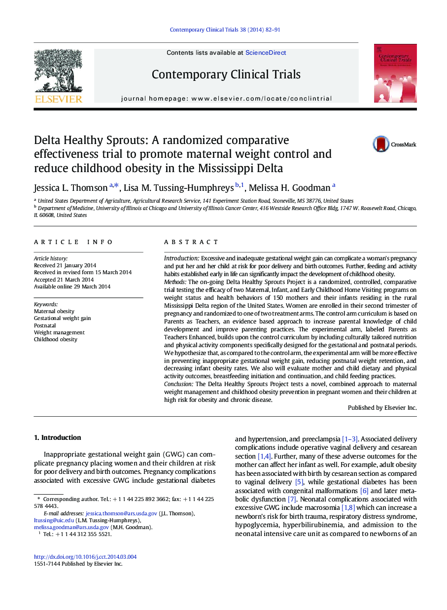 Delta Healthy Sprouts: A randomized comparative effectiveness trial to promote maternal weight control and reduce childhood obesity in the Mississippi Delta