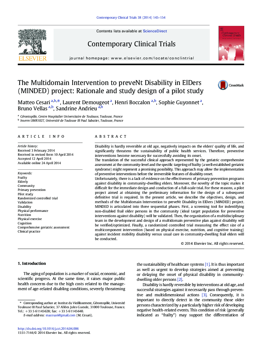 The Multidomain Intervention to preveNt Disability in ElDers (MINDED) project: Rationale and study design of a pilot study