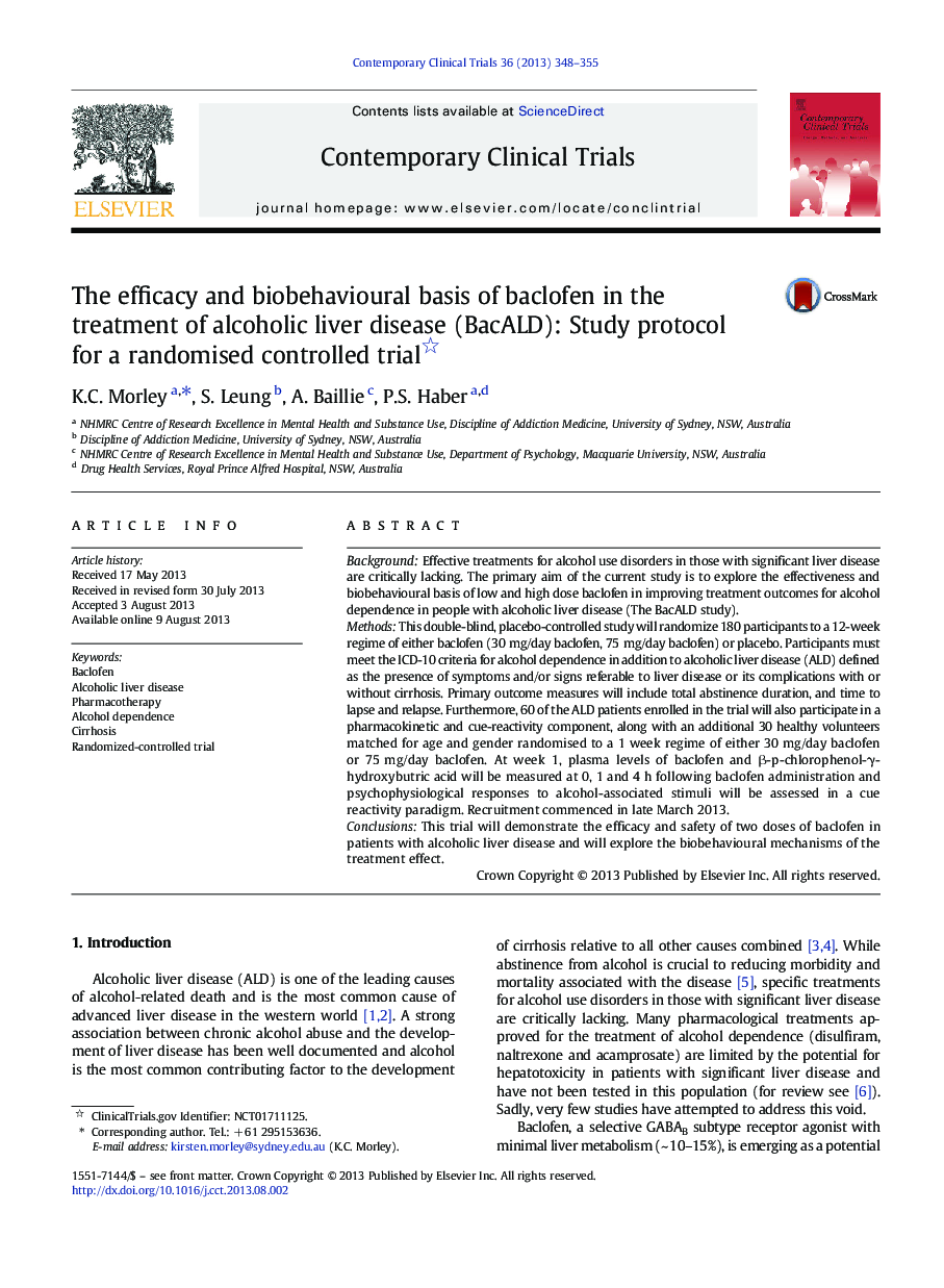 The efficacy and biobehavioural basis of baclofen in the treatment of alcoholic liver disease (BacALD): Study protocol for a randomised controlled trial