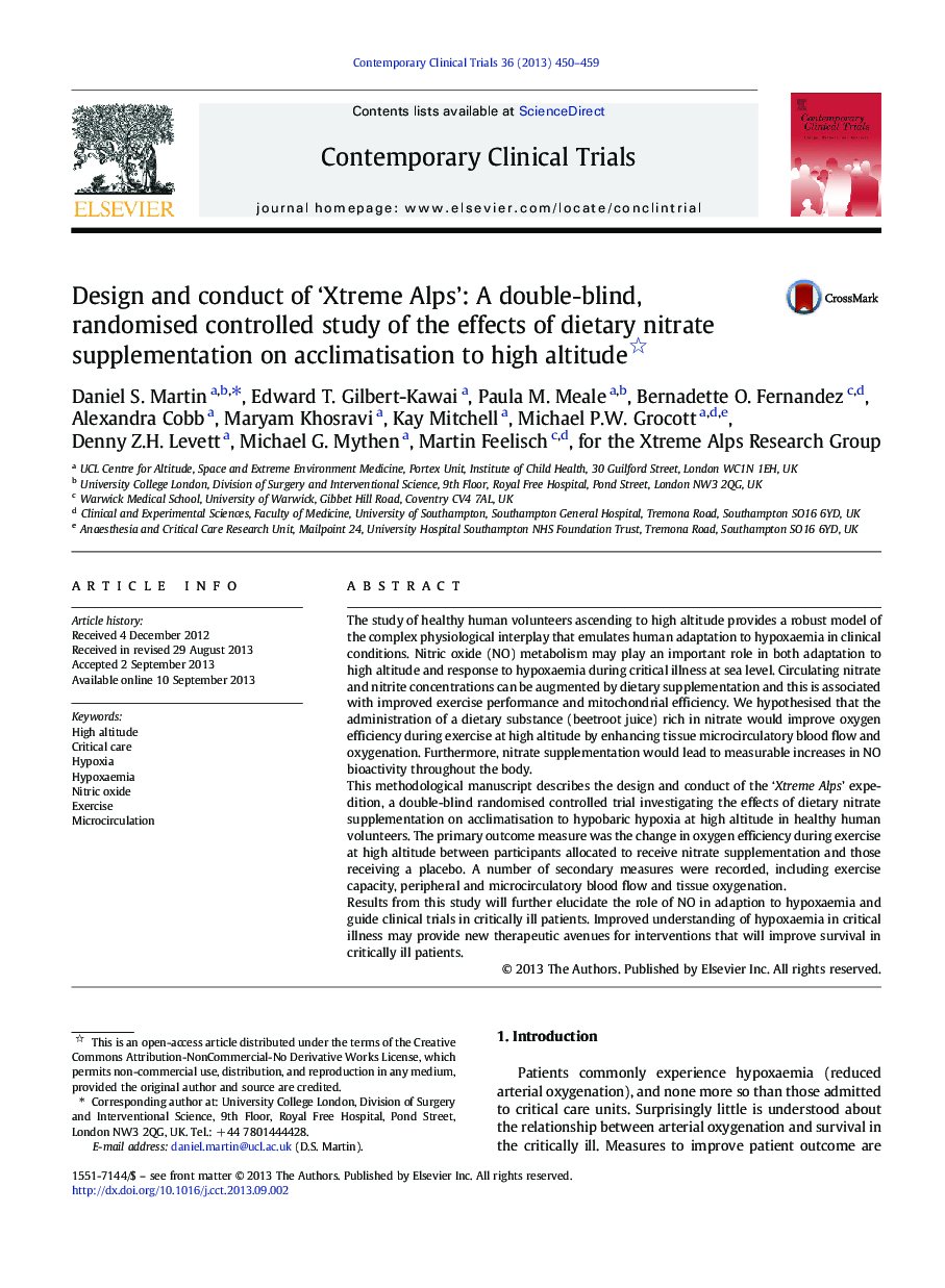 Design and conduct of 'Xtreme Alps': A double-blind, randomised controlled study of the effects of dietary nitrate supplementation on acclimatisation to high altitude