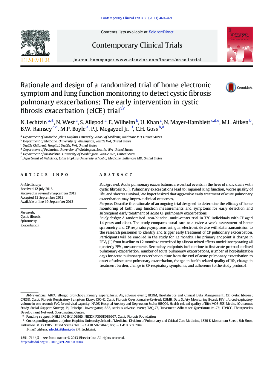 Rationale and design of a randomized trial of home electronic symptom and lung function monitoring to detect cystic fibrosis pulmonary exacerbations: The early intervention in cystic fibrosis exacerbation (eICE) trial