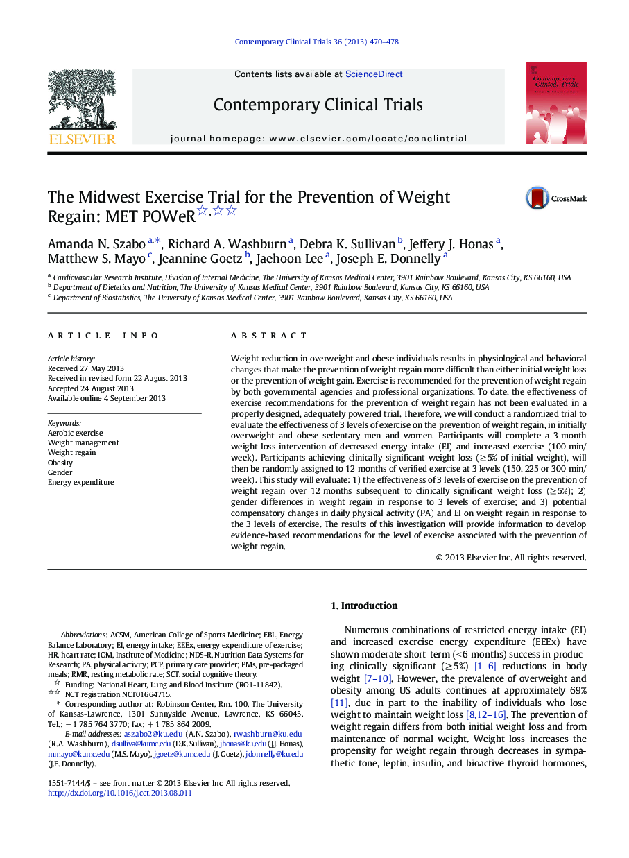 The Midwest Exercise Trial for the Prevention of Weight Regain: MET POWeR