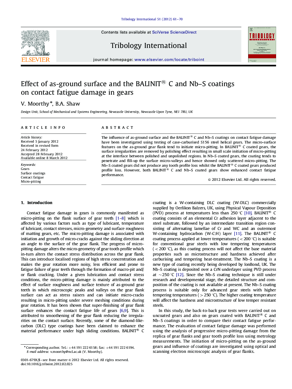 Effect of as-ground surface and the BALINIT® C and Nb-S coatings on contact fatigue damage in gears
