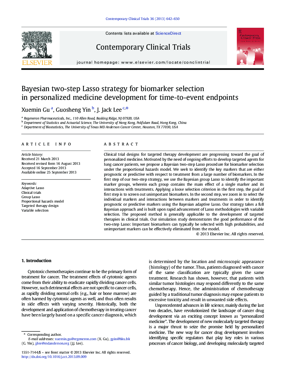 Bayesian two-step Lasso strategy for biomarker selection in personalized medicine development for time-to-event endpoints