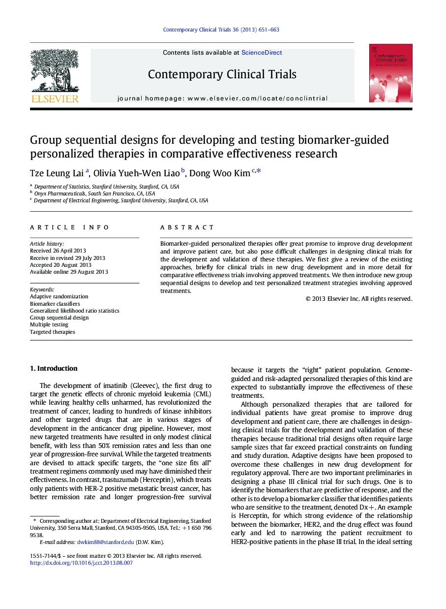 Group sequential designs for developing and testing biomarker-guided personalized therapies in comparative effectiveness research