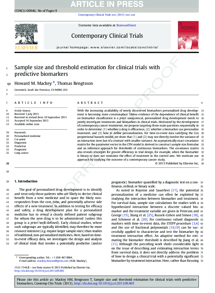 Sample size and threshold estimation for clinical trials with predictive biomarkers