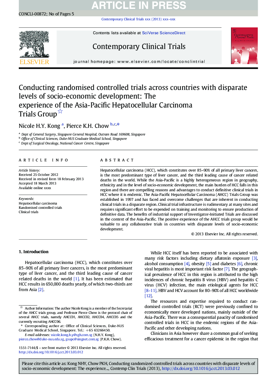 Conducting randomised controlled trials across countries with disparate levels of socio-economic development: The experience of the Asia-Pacific Hepatocellular Carcinoma Trials Group