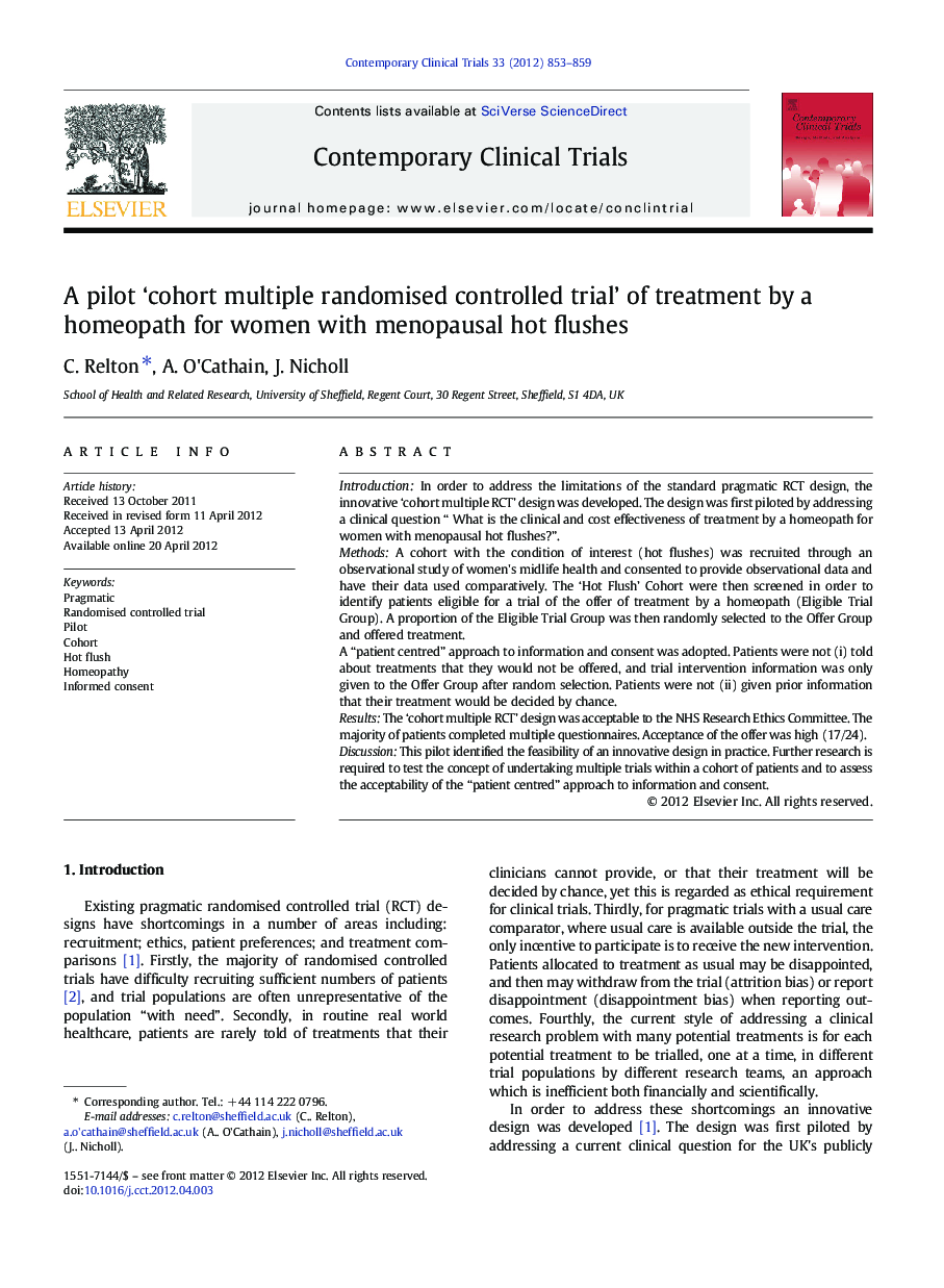 A pilot 'cohort multiple randomised controlled trial' of treatment by a homeopath for women with menopausal hot flushes