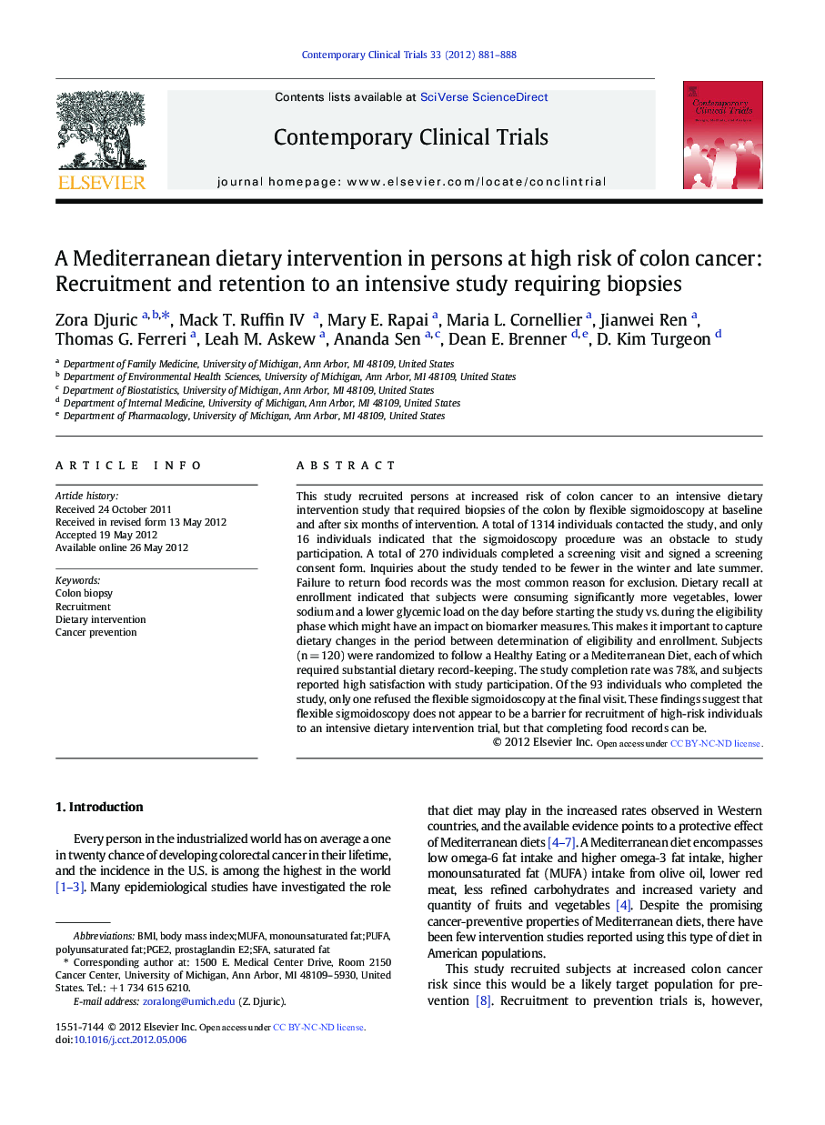 A Mediterranean dietary intervention in persons at high risk of colon cancer: Recruitment and retention to an intensive study requiring biopsies