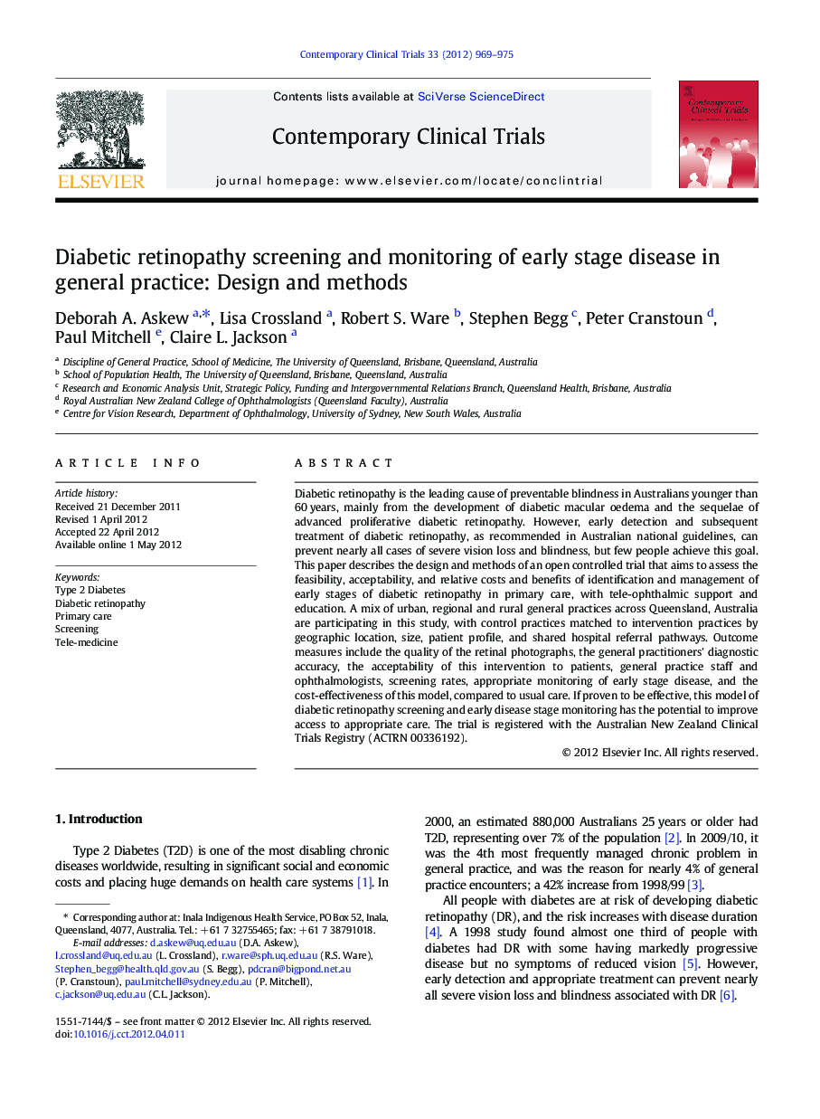 Diabetic retinopathy screening and monitoring of early stage disease in general practice: Design and methods