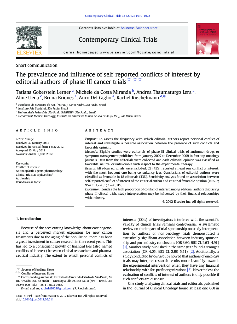 The prevalence and influence of self-reported conflicts of interest by editorial authors of phase III cancer trials