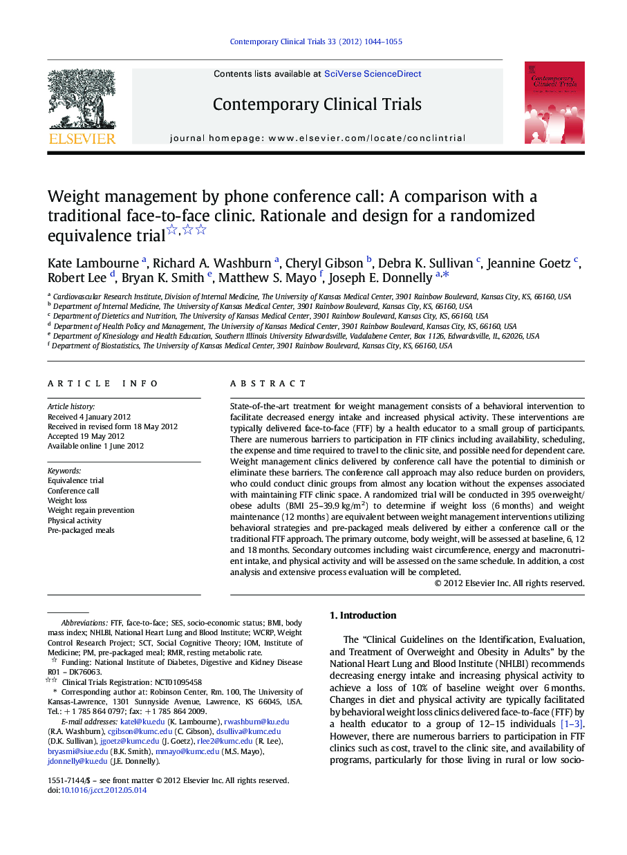 Weight management by phone conference call: A comparison with a traditional face-to-face clinic. Rationale and design for a randomized equivalence trial