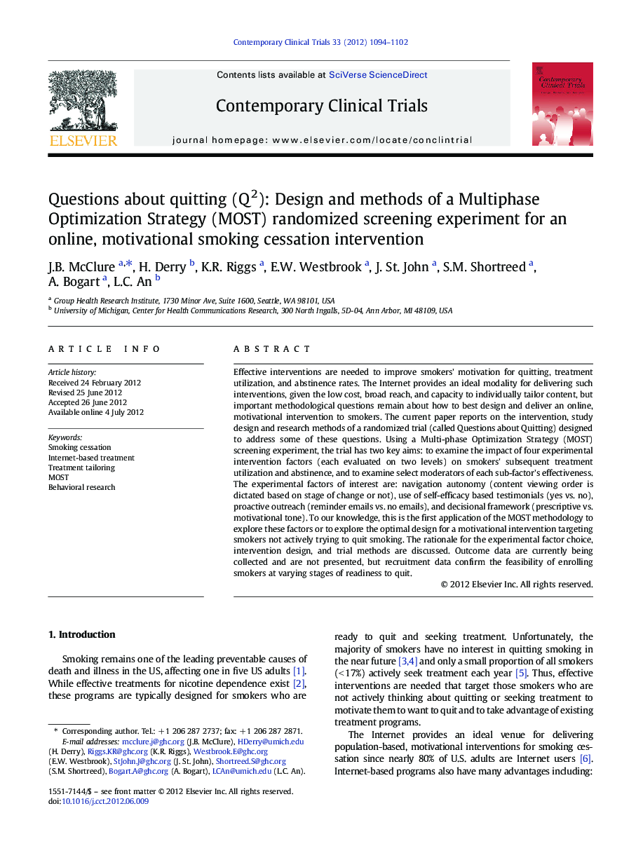 Questions about quitting (Q2): Design and methods of a Multiphase Optimization Strategy (MOST) randomized screening experiment for an online, motivational smoking cessation intervention