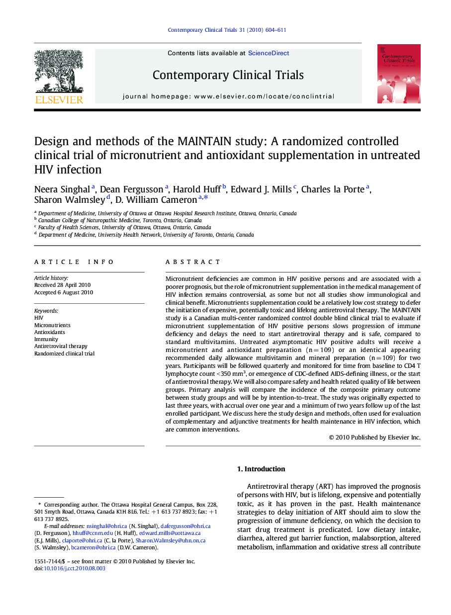 Design and methods of the MAINTAIN study: A randomized controlled clinical trial of micronutrient and antioxidant supplementation in untreated HIV infection