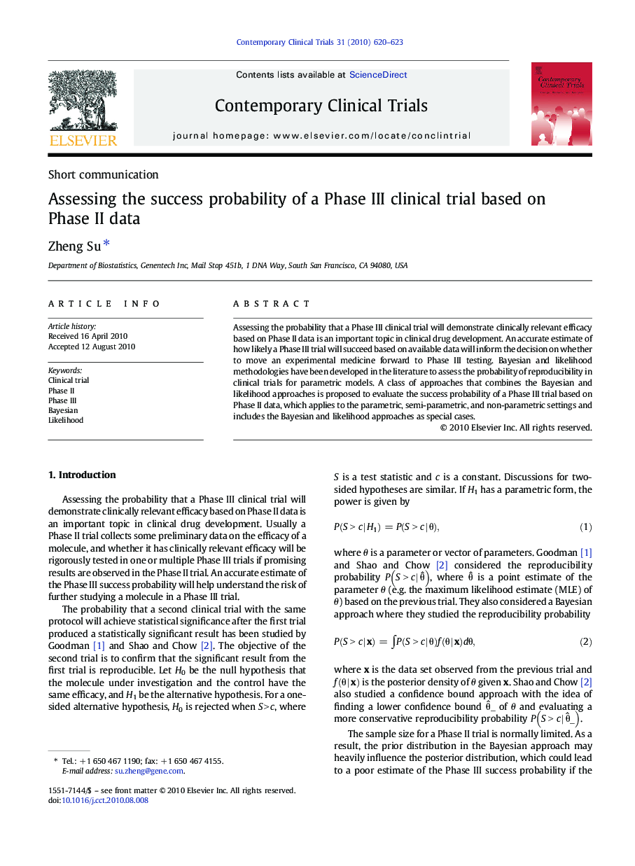 Assessing the success probability of a Phase III clinical trial based on Phase II data