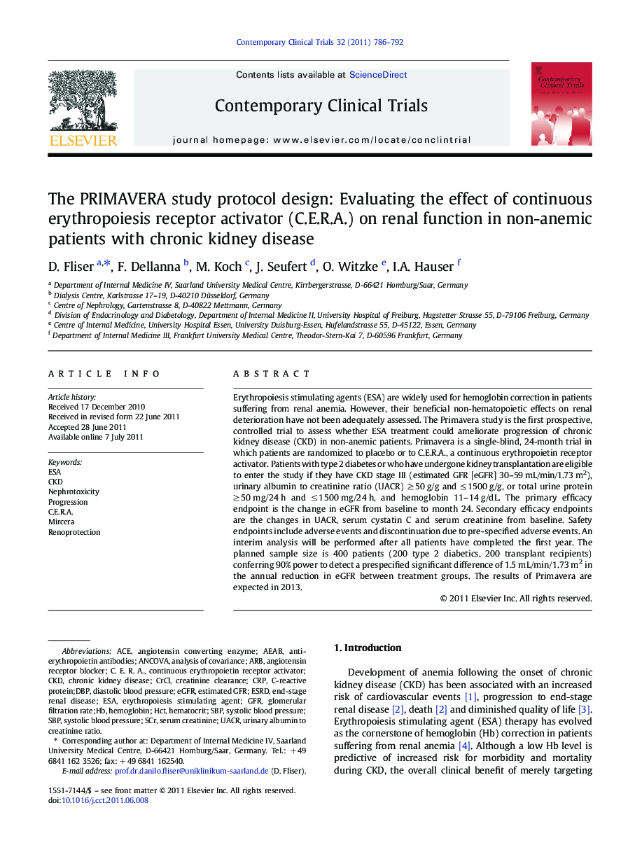 The PRIMAVERA study protocol design: Evaluating the effect of continuous erythropoiesis receptor activator (C.E.R.A.) on renal function in non-anemic patients with chronic kidney disease