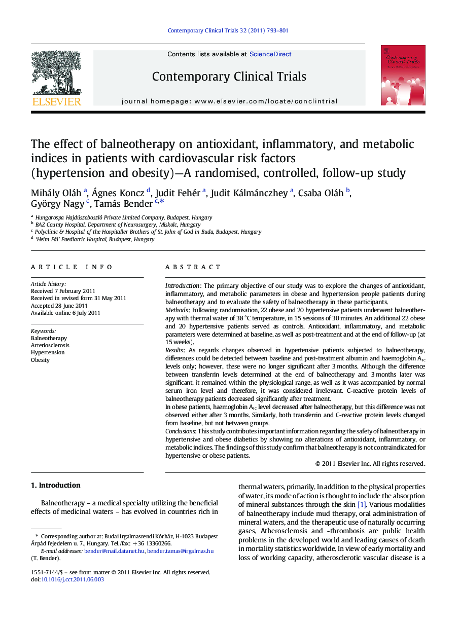 The effect of balneotherapy on antioxidant, inflammatory, and metabolic indices in patients with cardiovascular risk factors (hypertension and obesity)-A randomised, controlled, follow-up study