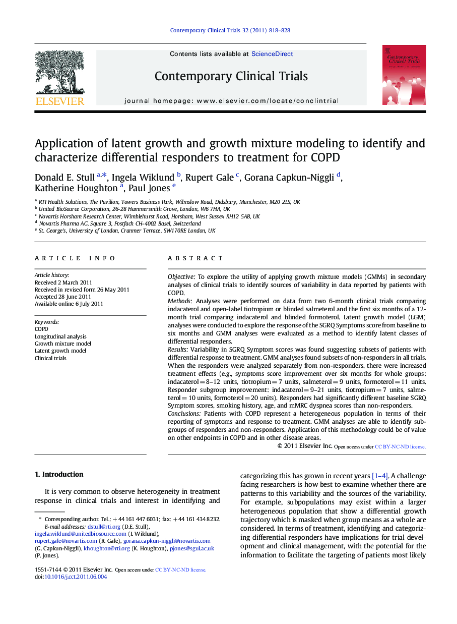 Application of latent growth and growth mixture modeling to identify and characterize differential responders to treatment for COPD