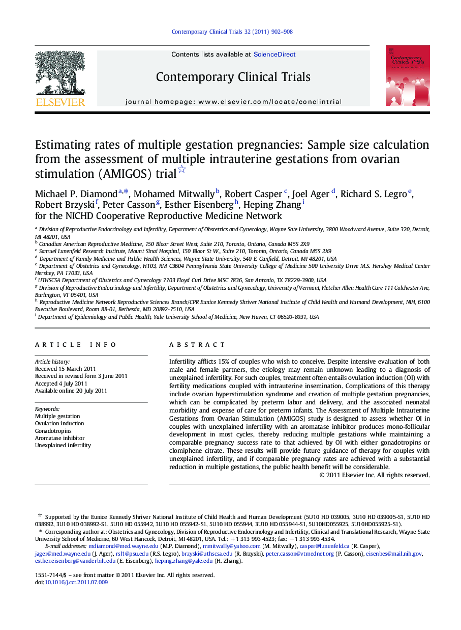 Estimating rates of multiple gestation pregnancies: Sample size calculation from the assessment of multiple intrauterine gestations from ovarian stimulation (AMIGOS) trial